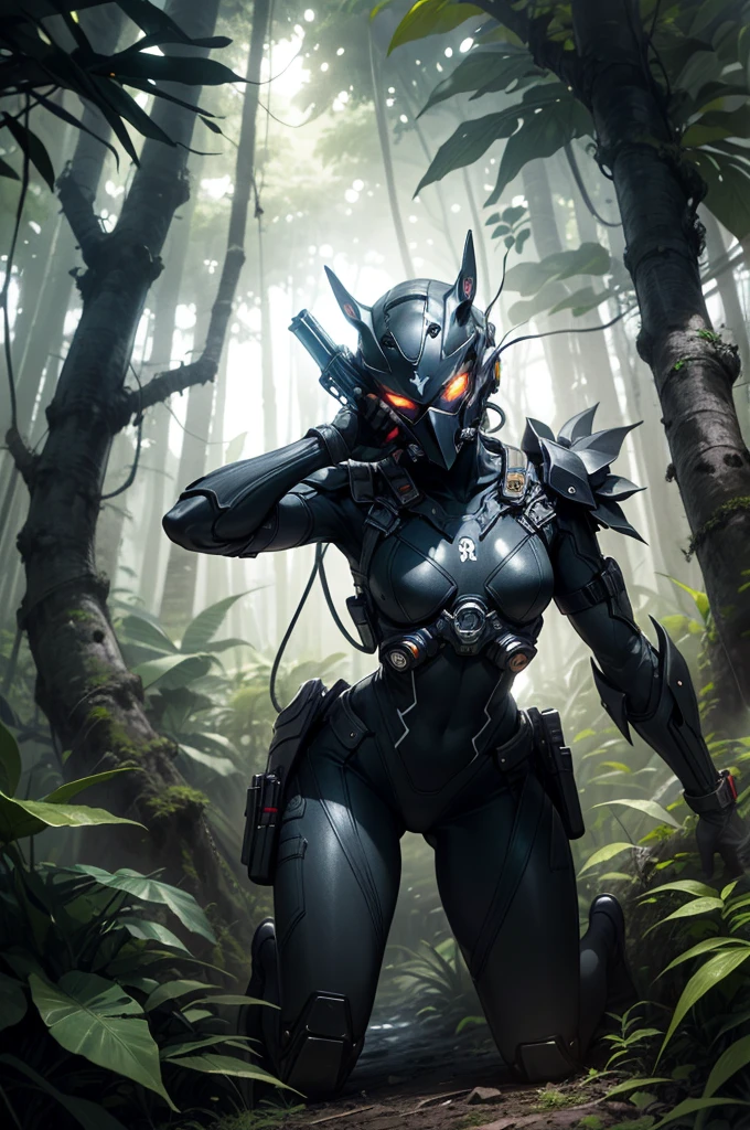 Photo , Smart, ((One:1.3)), a mask, weaving ,   glowing eyes,    Cover your face completely   , black bodysuit, gun, skin-tight face a mask,   stand on top of a tree  ,    Kneeling next to a giant tree, lush jungle  , dense forest,   rainforest  ,   dark atmosphere  , at night, 