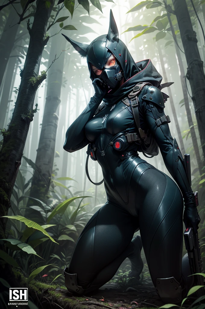 Photo , Smart, ((One:1.3)), a mask, weaving ,   glowing eyes,    Cover your face completely   , black bodysuit, gun, skin-tight face a mask,   stand on top of a tree  ,    Kneeling next to a giant tree, lush jungle  , dense forest,   rainforest  ,   dark atmosphere  , at night, 