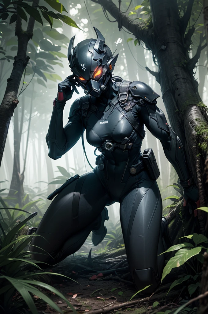 Photo , Smart, ((One:1.3)), a mask, weaving ,   glowing eyes,    Cover your face completely   , black bodysuit, gun, skin-tight face a mask,   stand on top of a tree  ,    Kneeling next to a giant tree, lush jungle  , dense forest,   rainforest  ,   dark atmosphere  , at night, 