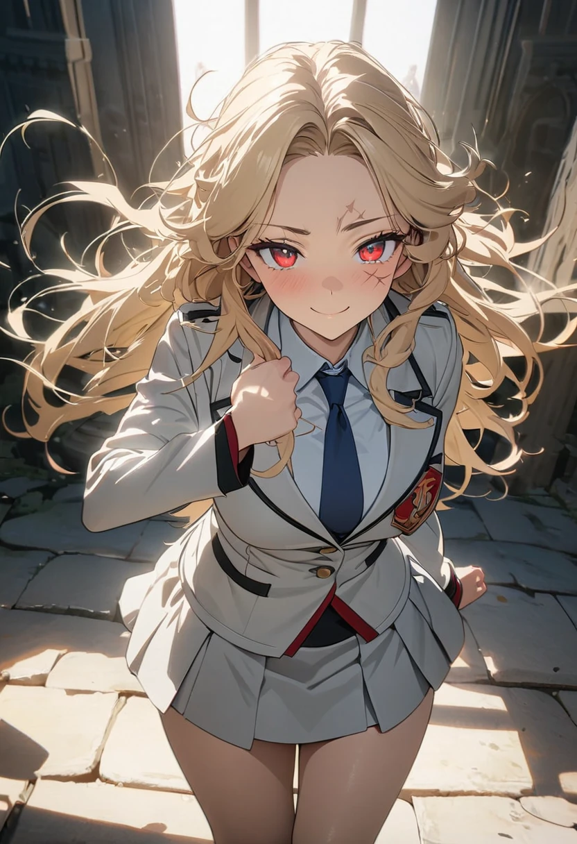 (Alone), Blonde, bangs, Mane hair ,  long hair in the castle, messy hair , Scattering,  black scar on face ,  facial scar expressive hair, happy face, mature,(25 years old),  red eyes, ((female)), beautiful 소녀, blue tie , beautiful, Eye Reflections , Depth , masterpiece, 8k,  ultra high definition, High quality 상세정보,  top quality,  high res, High quality, Ultra Detailed , masterpiece, 8k,  animation coloring, White ,  short skirt, Magic School, Body shot 