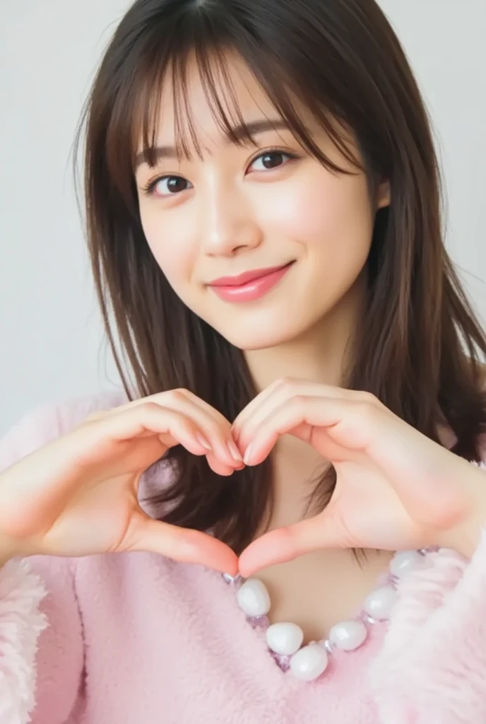 Only one woman with a cute smile wears cute, fluffy off-shoulder pajamas, makes a big heart shape with both hands, and poses them in front of her chest, View above collarbone、The background is a monotone 

