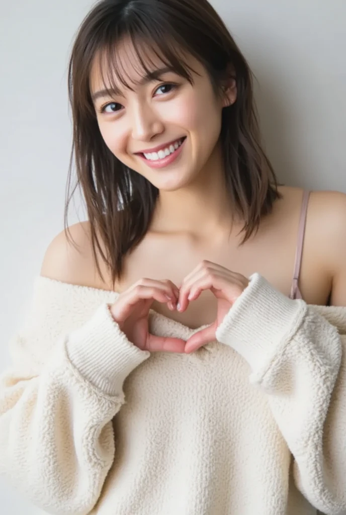 Only one woman with a cute smile wears cute, fluffy off-shoulder pajamas, makes a big heart shape with both hands, and poses them in front of her chest, View above collarbone、The background is a monotone 

