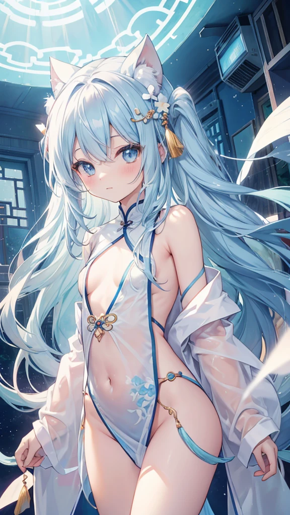 Long hair, light blue hair, yellow eyes, mid breasts