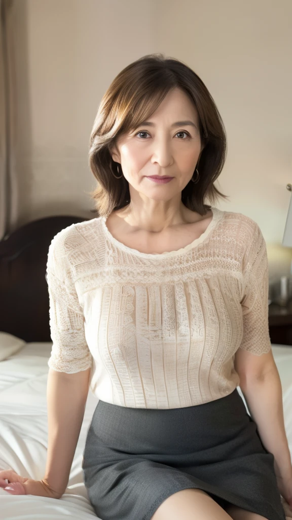 Hi-Res, Hi-Res, attention to detail, masterpiece, Anatomically Accurate , sharp, (( Japanese)),(70 years old:1.5),(old woman:1.4),((Facial wrinkles)),(An aging body), white skin, long light brown hair , bangs,((( sitting on bed ))),(Looking at the photographer),Be in the center of the screen,(sheer knitted blouse:1.3),(skirt:1.1),In the bedroom,( serious expressions:1.2),housewife,( No Emotion:1.1)