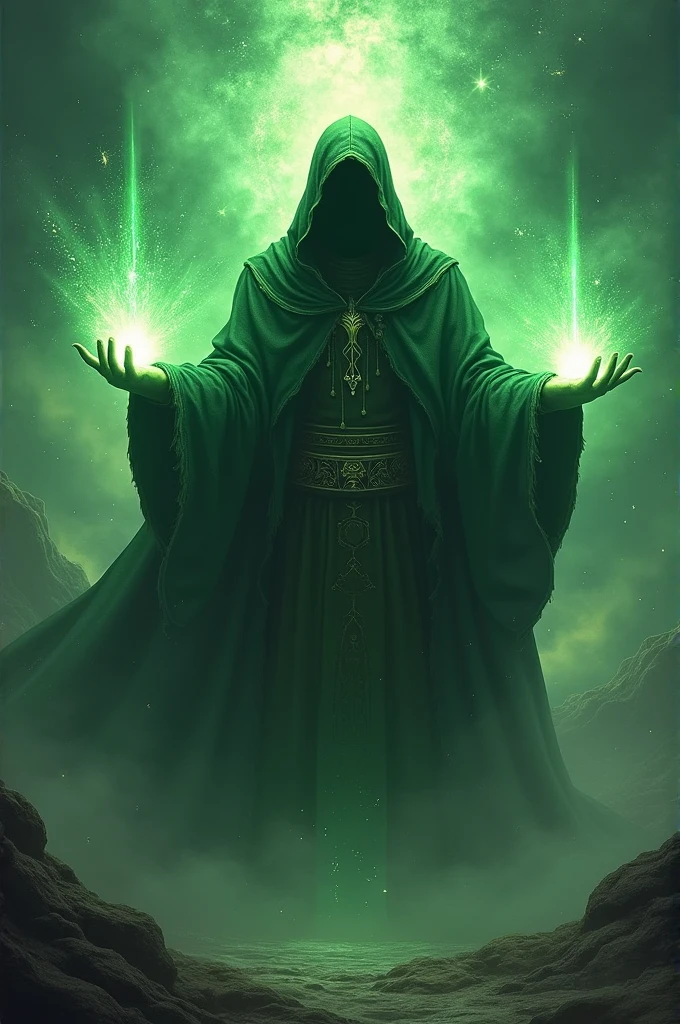 man in black ritual clothing, energy field outside the silver body, green and blue body aura, fiery aspect in the eyes, de capuz