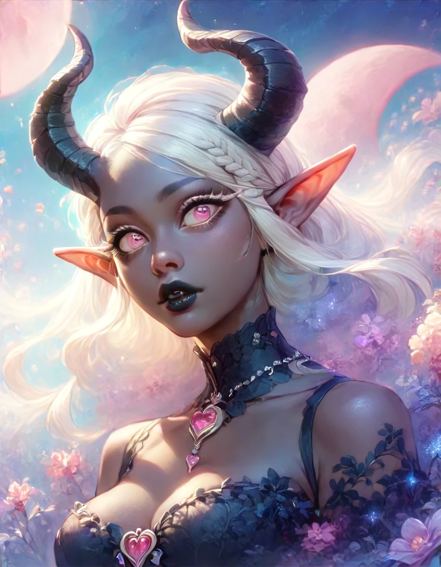 score_9, score_8_up, score_7_up, ((1person)), Random poses, A beautifully detailed woman, succubus female, long white hair, elf ears, large eyes, pink iris, long eyelashes, detailed facial features, black lipstick, (((Black skin))), black demon horns, breasts, pink moon, night sky, gothic asthetic
