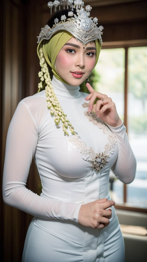 (masterpiece), ((best high quality:1.0), (ultra highres:1.0), detailed illustration, 8k, ((highest detailed)), ((ultra realistic)), soft lighting, ((realistic face, realistic skin)), ((super high resolution)), extreme detailed, ((HD picture)), ((indonesian old mother with hijab)), huge breasts, forward chest, busty body, short body, ((perfect beautiful face, thick lips, blush, Perfect round eyes, curvy body)), ((sexy panganten sunda)), 2/3 body, (( street background)), ((sundese interior design))