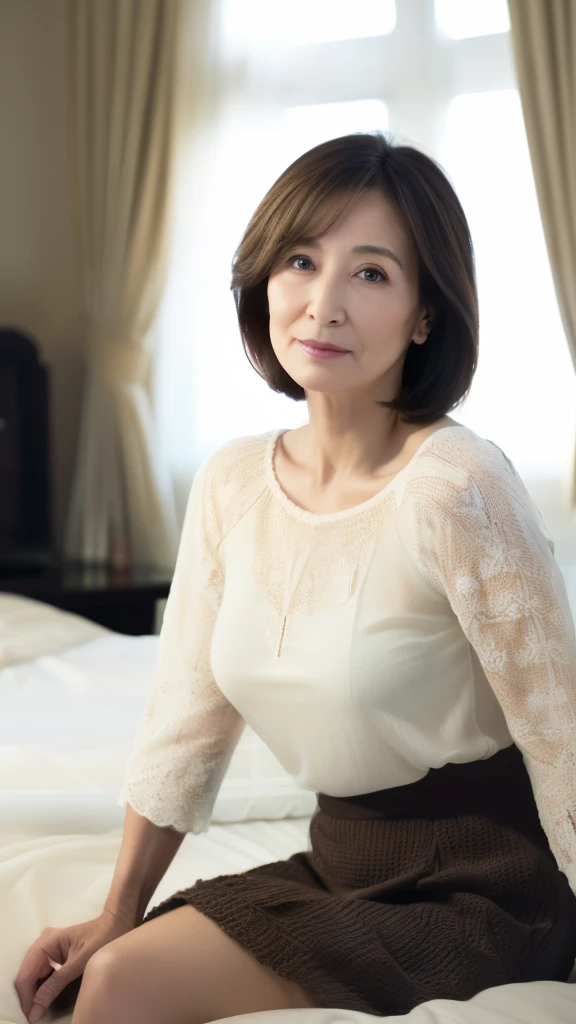  Hi-Res,  Hi-Res,  attention to detail, masterpiece,  Anatomically Accurate , sharp, (( Japanese)),(70 years old:1.5),(old woman:1.4),((Facial wrinkles)),(An aging body), white skin,   long light brown hair , bangs,((( sitting on bed ))),(Looking at the photographer),Be in the center of the screen,(sheer knitted blouse:1.3),(skirt:1.1),In the bedroom,( serious expressions:1.2),housewife,( No Emotion:1.1),Narrow Face