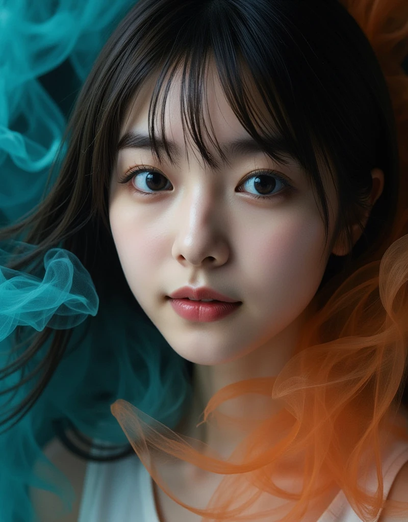 Asian woman, close-up of upper body, narrow face, a softbox illuminates the woman's face, (swirling turquoise and orange bi-toned mist:1.5) surrounds her with a dreamy aura. Her eyes gaze flirtatiously into the camera, she is smiling and her mouth is slightly open, the studio setting provides an endless dark backdrop that contrasts with the woman and (turquoise and orange bi-toned mist:1.5). Her features are accentuated by the gentle light, the mysterious bi-toned mist creates an otherworldly atmosphere. (turquoise and orange bi-toned mist fills the screen:1.5), pitch black background