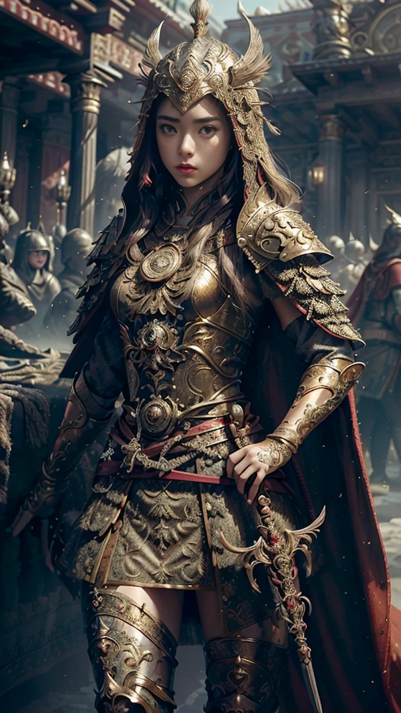 ((masterpiece))), (((best quality))), ((ultra-detailed)), (hyperrealistic), (highly detailed CG illustration), cinematic light, photorealistic ,extremely beautiful young lady, light makeup, big breast,  intricate detailed eaba, red cape, spear