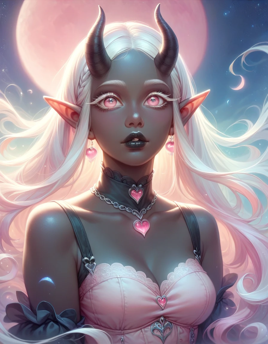 score_9, score_8_up, score_7_up, ((1person)), Random poses, A beautifully detailed woman, succubus female, long white hair, elf ears, large eyes, pink iris, long eyelashes, detailed facial features, black lipstick, (((Black skin))), black demon horns, breasts, pink moon, night sky, pastel gothic style
