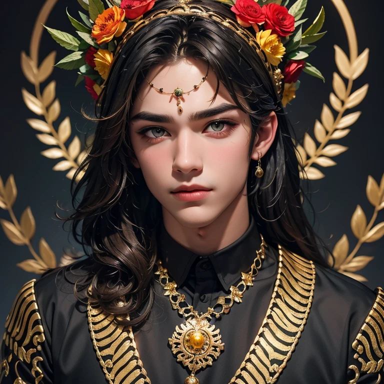 A cool portrait of a man in a black and gold headdress, colorful flowers in and around your hair, detailed face of an attractive boy , facial symmetry,  Renaissance ,  with open lips and an amazingly beautiful face  !