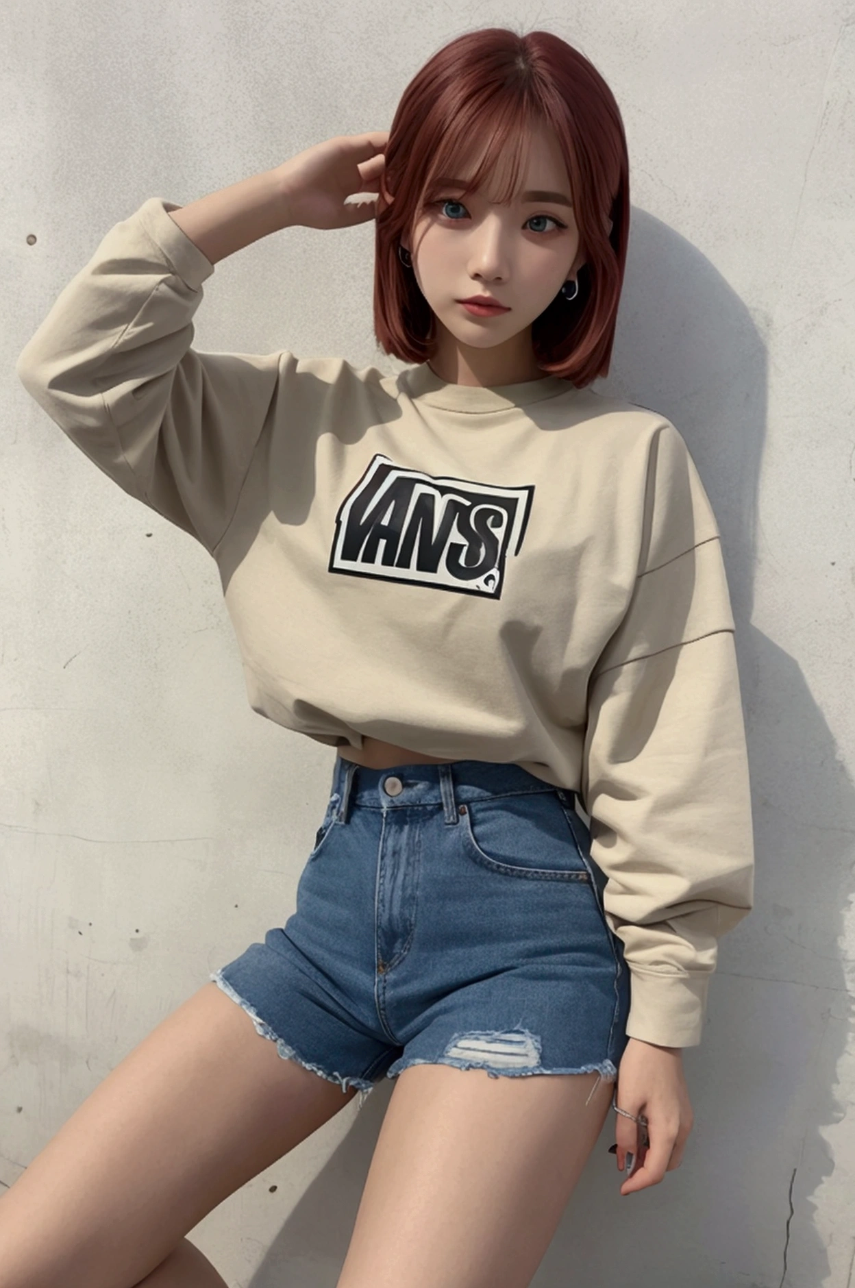She has long light yellow hair，Wasteland punk style，Wear a green and white striped T-shirt，Lace skirt，Long legs，Black-gray tones，Shabby poster wall with background，tmasterpiece,Need,photorealestic，k hd，photography lighting，16k