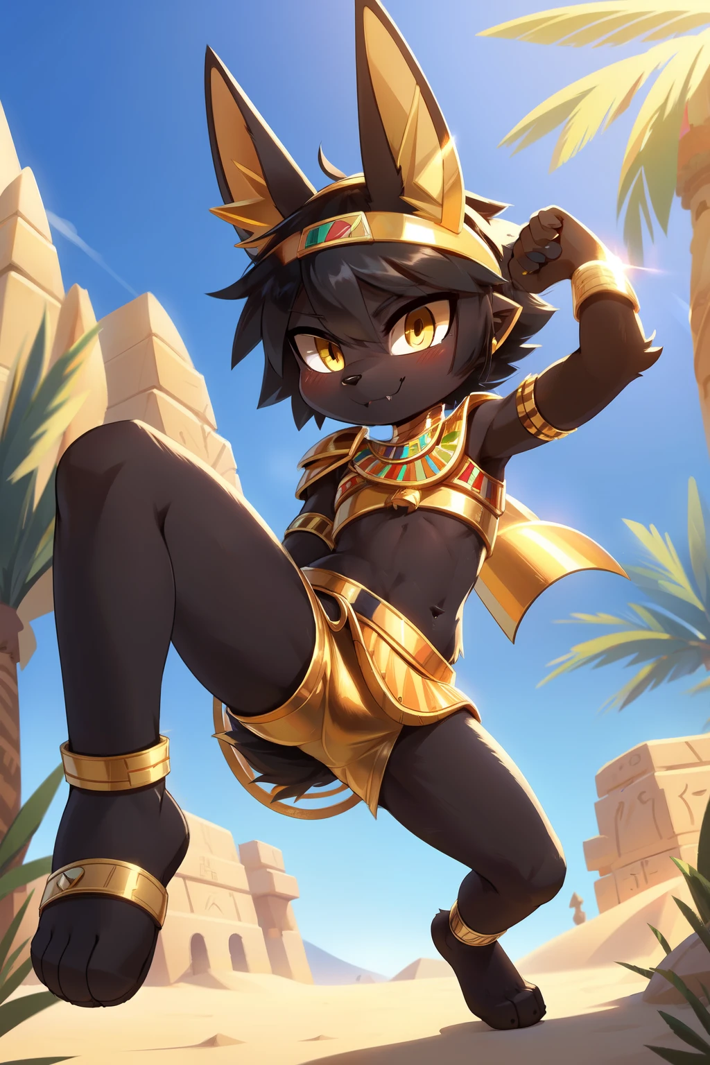 score_9,score_8_up,score_7_up, source_cartoon, source_furry, Anubis, Furry shota, jackal, black hair, short spiky hair, yellow eyes, detailed body fur, ((minuscule Egyptian antique clothes, cute sexy and almost naked, gold crop top armor, midriff, gold headband)), masterpiece, looking at you, fangs, black body fur, detailed face, big eyebrows, detailed eyes, detailed body, detailed body fur, detailed hands, flat body, glistering body, shiny body, skinny, perfect lighting, perfect shadows, perfect eyes, perfect hair, perfect face, gorgeous body, solo, :3, full body, feets with three toes, desert, oasis, palm tree, clear sky, motion blur, kick at viewer, kick act, feet focus, punch act, dynamic angle,