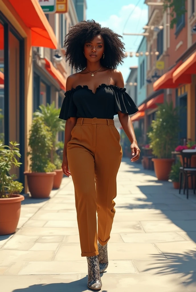 (Obra de arte, melhor qualidade),Uma modelo feminina negra, linda mulher, Top detalhado com gola alta sem mangas, pants, menor, cabelo encaracolado, rosto perfeito, rosto bonito, Atraente, Olhos grandes e lindos, boca aberta, contente, Corpo perfeito e justo, (ar livre), Ruas da cidade, Miami, cores brilhantes