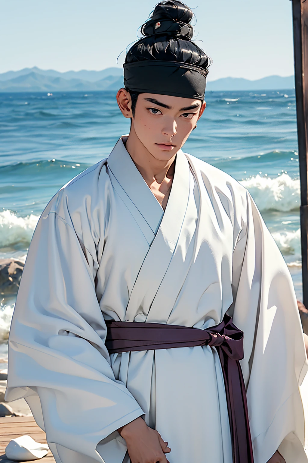 (absurdres, highres, masterpiece, best quality, ultra-realistic,ultra-detailed),(beautiful detailed face and eyes and hair:1.1),handsome,mature,asian man,tall and muscular,broad shoulders,black hair,black eyes,datailed face,topknot,see-through headband,white hanbok,sad,upper body, sea background