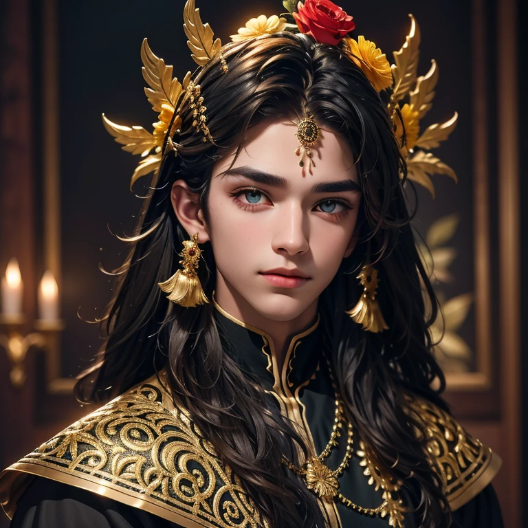 A cool portrait of a man in a black and gold headdress, colorful flowers in and around your hair, detailed face of an attractive boy , facial symmetry,  Renaissance ,  with open lips and an amazingly beautiful face  !