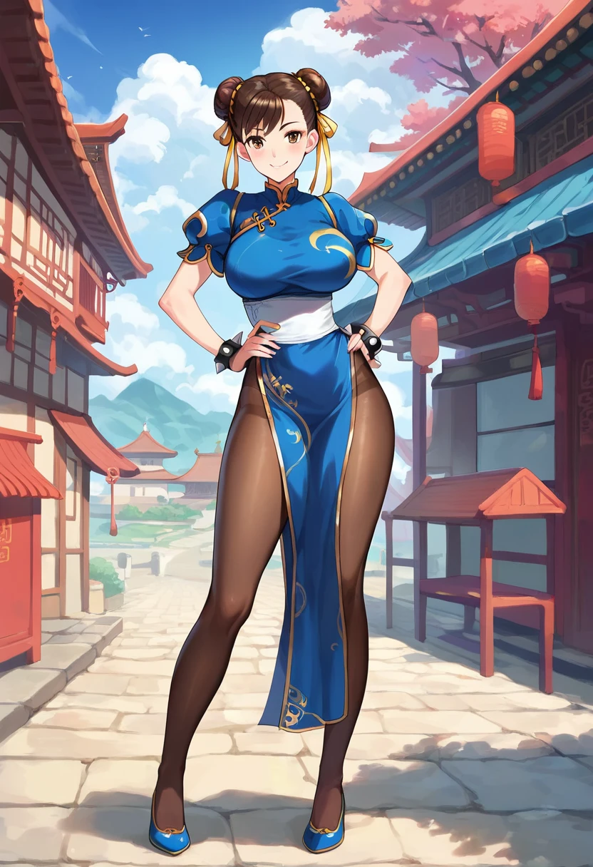 score_9, score_8_up, score_7_up, ((masterpiece,best qualtiy)), 
1girl, solo, CHUNLISF, double bun, bun cover, brown eyes, 
large breast, 
qipao, blue chinese dress, Front hanging, white sash, spiked bracelet, 
slit skirts, 
panty lines, 
brown tights, pantyhose, camel toe, 
cowboy shot, hands on hip, smile, 
china town, 
best quality, Full HD, 8k, ultra details, great graphic, detailed eyes, beautiful eyes, beautiful face, beautiful clothes, beautiful body, 