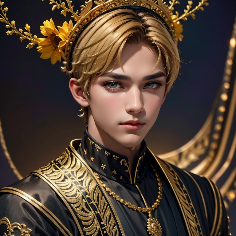 A cool portrait of a man in a black and gold headdress, colorful flowers in and around short blond hair, detailed face of an attractive boy , facial symmetry,  Renaissance ,  with open lips and an amazingly beautiful face  !