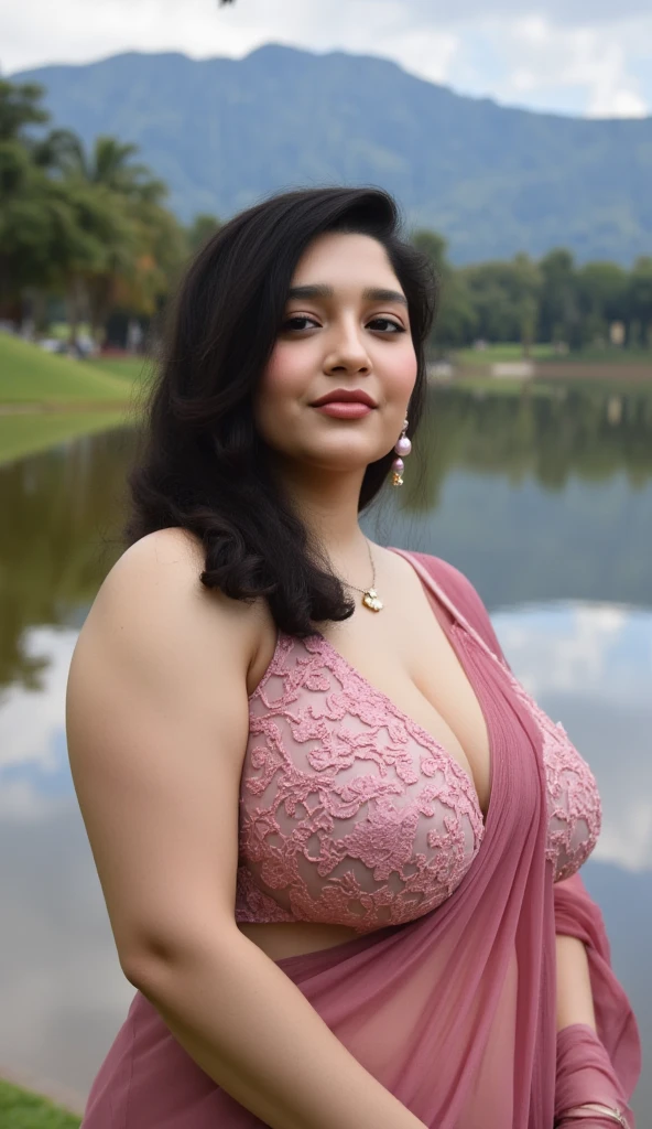 Long shot photo of a Happy latina, big cheeks, pink lace bra, saree, navel show, full body, curvy, voluptuous figure, massive cleavage, high ponytail, tree, solo, outdoors, water, mountain, large breasts, saree with bra, long hair, scenery, summer, lake, sky, reflection, chin up, day scene, breasts visible show, 90% breasts popping out, hourglass figure, massive breasts, nipple visible, seductive face, look at viewer and seduce, erotic adult face, 40 yo, soft volumetric lights, intricate details, (ArtStation:1.2)