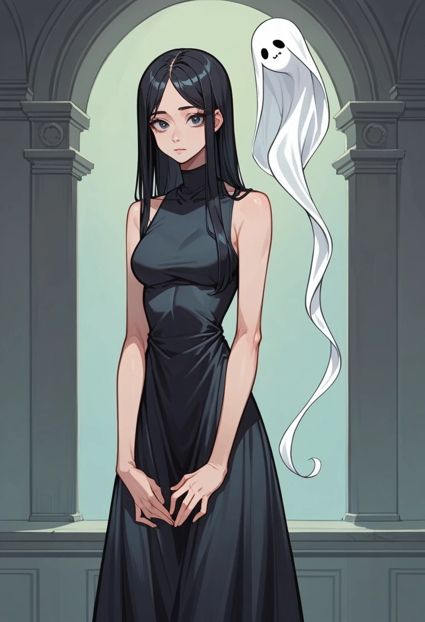 1 girl, ghost costume, all simple drawings. Anime, cute face, black hair, ghost cosstume style, beautiful eyes, standing, beautiful figure, long hair, discreet dress, veiled silk fabric , tight dress, hands forward, hands relaxed, fabric covering the entire hand 