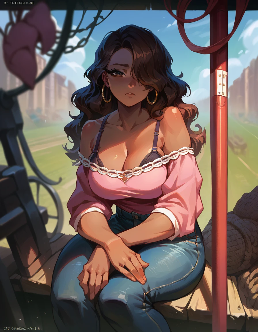 score_9, score_8_up, score_7_up, score_6_up, score_5_up, score_4_up, ((low depth of field)), , (beautiful landscape), BREAK woman sitting in a bus stand, 1girl, dark-skinned female, large breasts, brown eyes, brown hair, wavy hair, hair over one eye, hoop earrings, shirt,, off-shoulder shirt, pink topwear, bra strap, jeans, looking at viewer, curious expression
