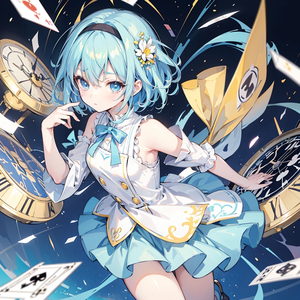 a stylized, vibrant character that appears to be from a card-based game or an anime series. The character has a youthful, whimsical appearance with big, expressive blue eyes and short, straight light blue hair with a flower hairpiece tucked into the left side. The hairpiece features a large red flower with green leaves. The character's attire is an eclectic mix of fantasy and traditional Japanese elements, with a predominance of green. They wear a green hat that matches their outfit, along with a blue and green ribbon bow tied around the neck. The clothing includes a green top with fringes at the bottom and what appears to be a long, flowing, golden sash or ribbon that cascades down from the waist. The sleeves are long and detached from the main outfit, exposing the shoulders, and have a similar fringe decoration at the ends. In the character's lap sits a plush toy, which resembles a yellow, chubby bird with big round eyes and a small orange beak. The character's legs are crossed, and they're wearing brown sandals with blue straps, which are secured over white, ankle-high tabi socks. The background is elaborate, featuring a hexagonal purple border with intricate designs, as well as flames, possibly indicating a magical or energetic essence. Surrounding the character are floating playing cards, suggesting themes of magic or fantasy. The overall feel of the image is vibrant, playful, and rich with pattern and color.