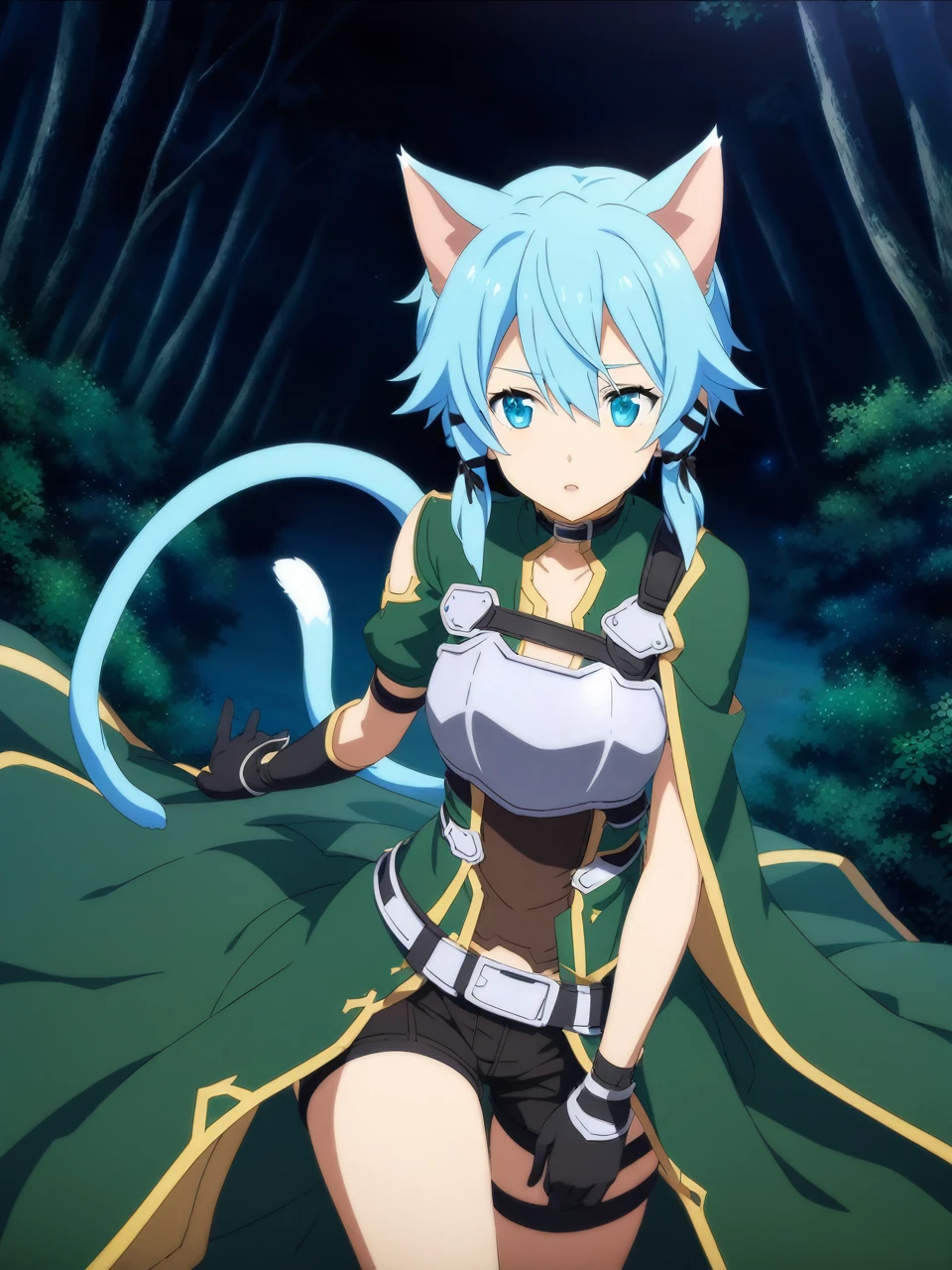 sinonalo, blue eyes, short hair, blue hair, sidelocks, hair ribbon, cat ears, armor, breastplate, shorts, midriff, cat tail, gloves, asymmetrical sleeves, medium breasts, 1girl, solo
BREAK
dense forest, night, dappled moonlight, depth of field, cinematic, game cg, anime screencap, official art, masterpiece, best quality
