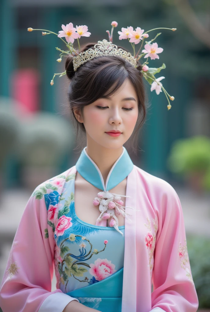 Dreamlike Elegance a woman in a pink and blue dress with a crown on her head, standing in front of a blurred background. She is wearing a traditional Chinese opera costume, with intricate details and vibrant colors. Her hair is adorned with delicate flowers and her eyes are closed, giving her a peaceful and serene look.