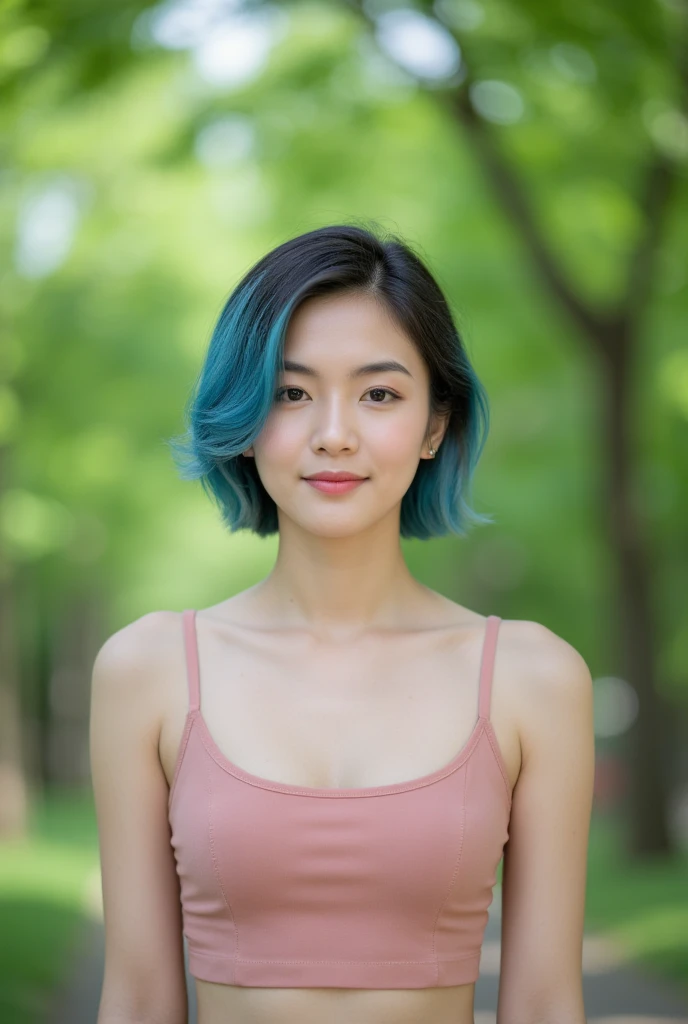 ((photorealism:1.8)), (((masterpiece))),asian short girl 30 years old, hair almost short haircut, hair color blue gradient, medium chest, seems to smile but not too much, stands in the park , asian woman , Small chest, small breast