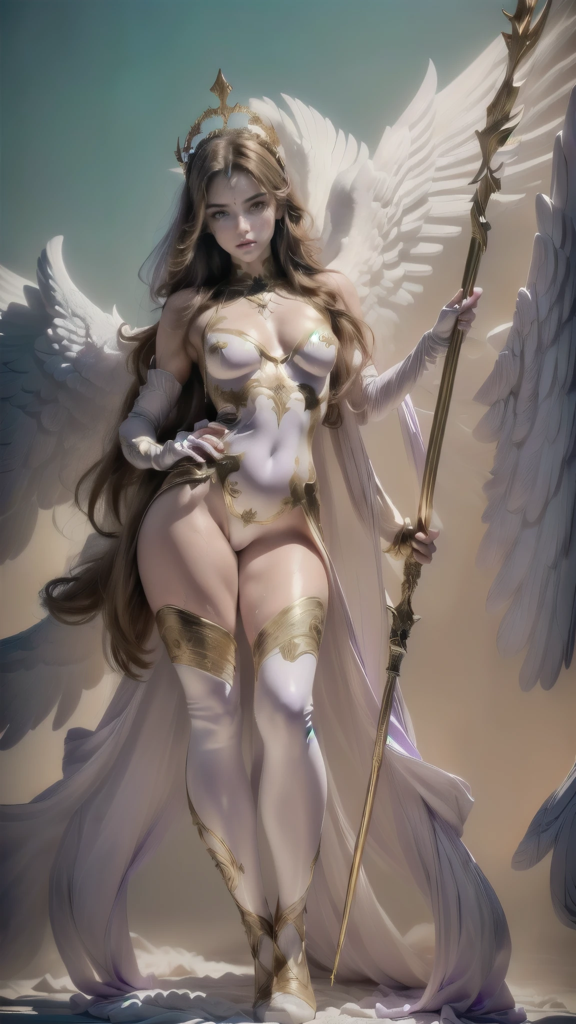 There's a statue of an angel holding a staff and a staff, goddess. Extremely high detail, beautiful feminine angel , portrait of a , Anjo majestoso de  full body , , tall female angel, beautiful goddess, of , Artgerm Julie Bell Beeple, goddess of greek mythology, portrait of a beautiful goddess, angelic, ([long hair hair]:1.8), ( full body :1.8), ( upper body :0.3), (hyper-realistic:1.4), (realistic:1.3), ( best quality real skin texture ),  Detailed eyes,   detailed face gloves, Persephone, (sfw:1.5) hyperrealistic, LESS saggy breasts, ( small breasts :1.5), (huge legs:1.5), (LESS THIGHS:1.5), perfect legs, perfect legs, pernas added, pernas added e perfeitas, toned legs, toned thighs, pernas added, Smooth thighs. ( erotic pose :1.5), (thick eyebrows:1.2), (big purple eyes:1.2), ( ultra detailed eyes:1.4), ( High-resolution eyes :1.1), ( ultra detailed skin texture :1.4), (Beautiful toned body:1.1), hair bow, (moist skin:1.1), ( sexy face :1.5),
