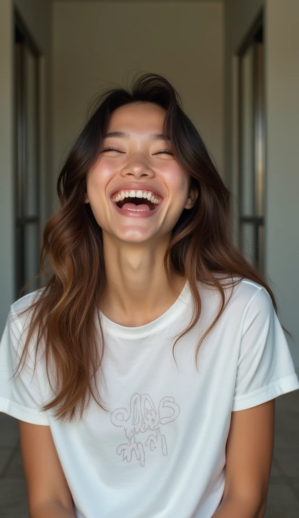 Person smiling and to the side then shouting