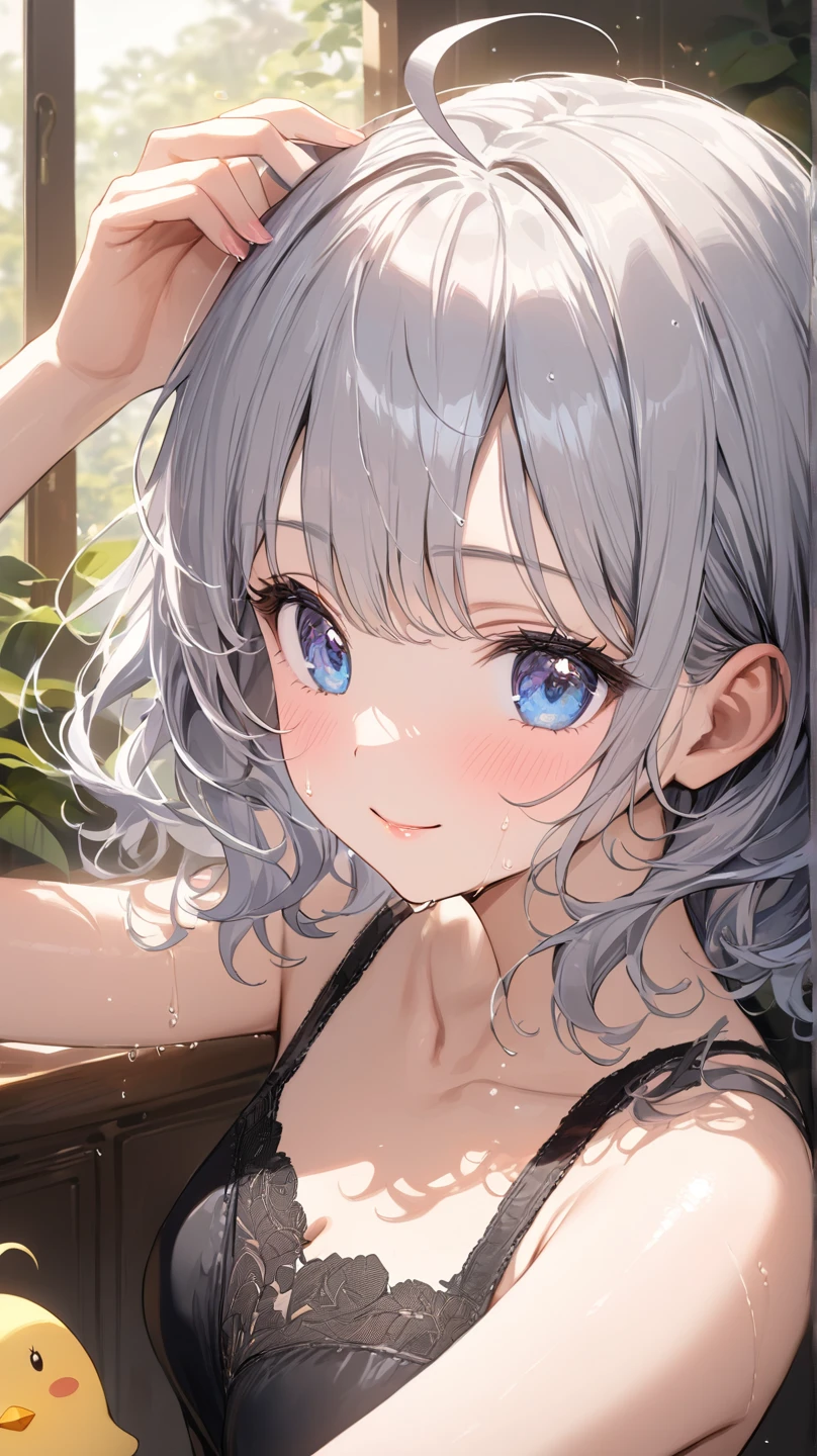 (Unity 16K wallpaper, Masterpiece, Best quality, Ultra-detailed, Extremely detailed CG, Caustics, Cinematic lighting, Detailed, Beautiful detailed eyes, Solo,Pool side),超高分辨率, Fine skin、Sexy,curby,NSFW,(School swim wear:1.3), Small breasts,14 years old、Blue eyes、Blue hair,perm, Blush, Angry,Sitting, spread their legs, Pixie cut