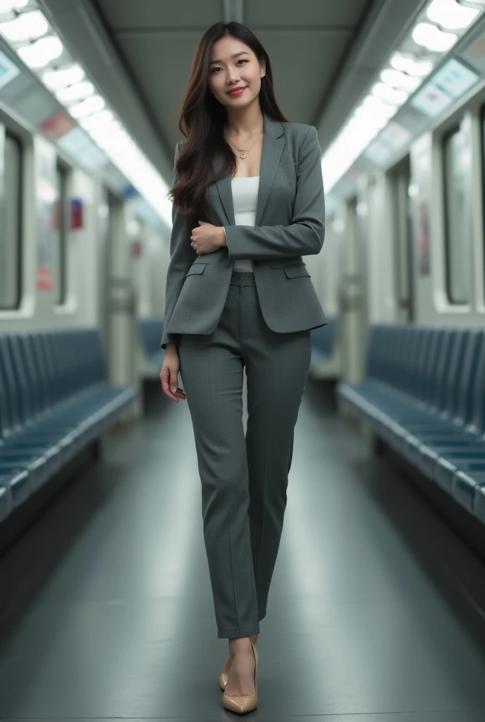 25 year old beautiful busty asian woman、Highest image quality、realistic、16K、baby face、cute、long hair、slim、Standing、OL in the subway、gray suit、whole body、smile、panoramic、show me your long legs、Photographed quite far away、whole body、Back view、Full body、