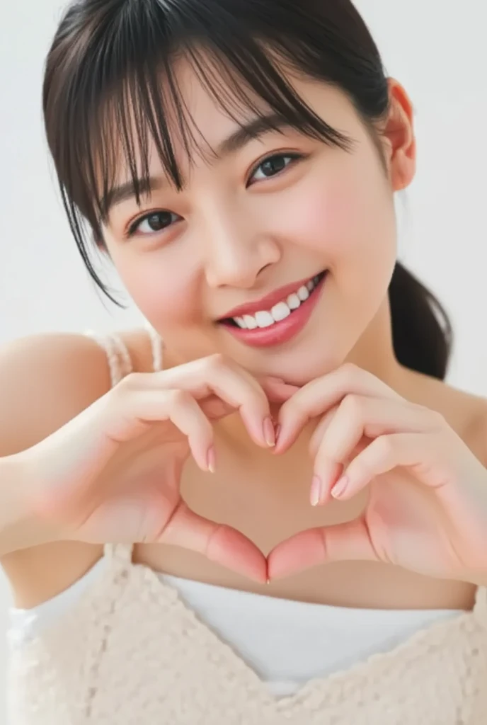 Only one woman with a cute smile wears cute, fluffy off-shoulder pajamas, makes a big heart shape with both hands, and poses them in front of her chest, View above collarbone、The background is a monotone 

