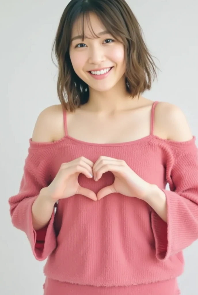 Only one woman with a cute smile wears cute, fluffy off-shoulder pajamas, makes a big heart shape with both hands, and poses them in front of her chest, View above collarbone、The background is a monotone 

