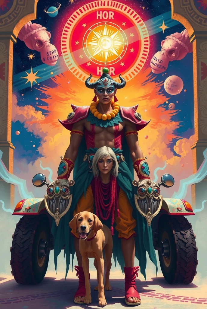 In a stylized, vibrant scene, a powerful figure known as "Her Protectors" stands ready with a Fighting Buggy, evoking cosmic connections and spiritual symbolism. Under Paolo Rivera's vivid brushwork, hints of Mayan influence blend with clowncore elements, illuminating the scene with auras of deep spiritual connection. The Call Homicide looms, merging the surreal with the real, as every color and detail channels a potent blend of mysticism and protectiveness.