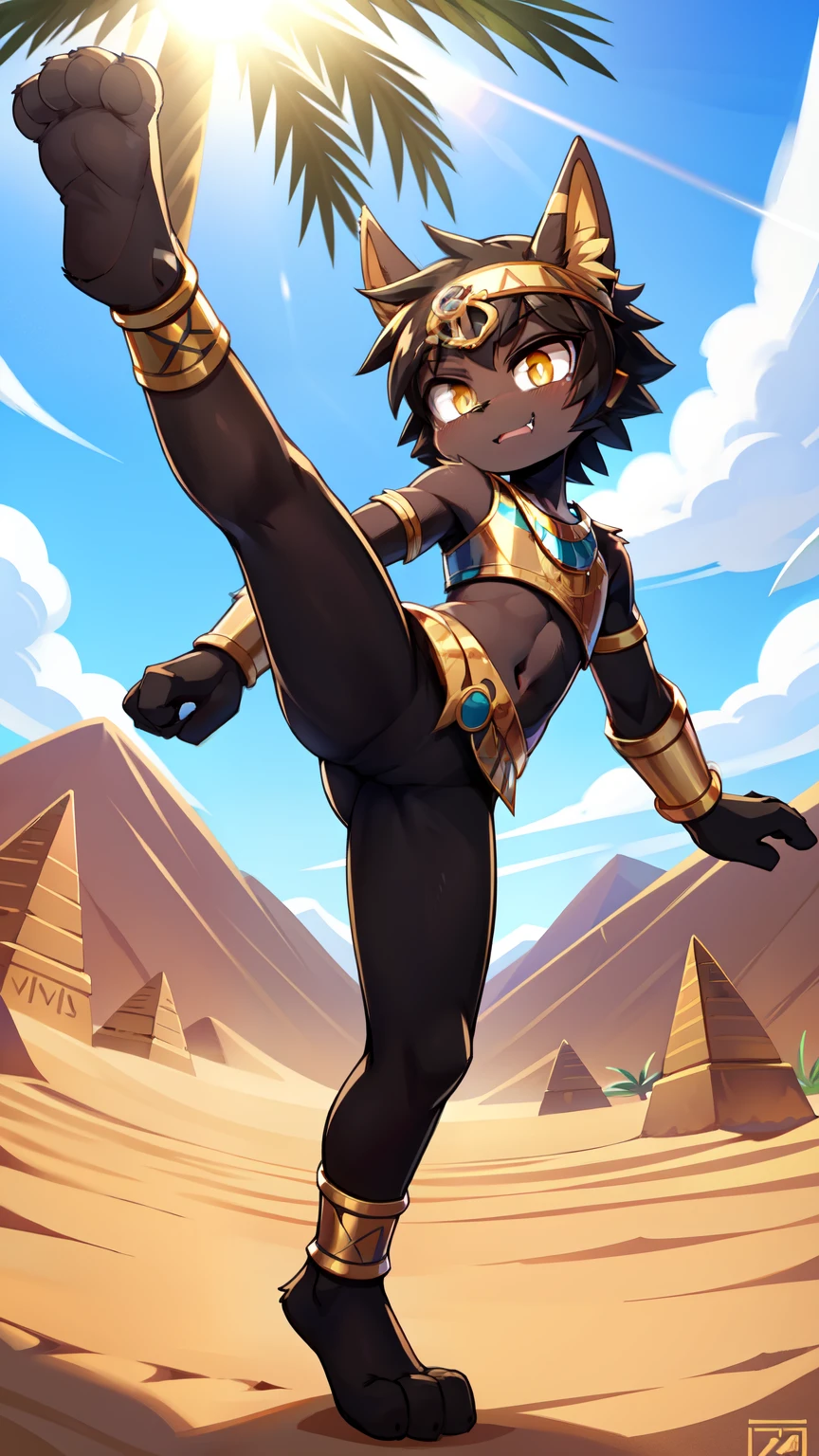 score_9,score_8_up,score_7_up, source_cartoon, source_furry, Anubis, Furry shota, jackal, black hair, short spiky hair, yellow eyes, detailed body fur, ((minuscule Egyptian antique clothes, cute sexy and almost naked, gold crop top armor, midriff, gold headband)), masterpiece, looking at you, fangs, black body fur, detailed face, big eyebrows, detailed eyes, detailed body, detailed body fur, detailed hands, flat body, glistering body, shiny body, skinny, perfect lighting, perfect shadows, perfect eyes, perfect hair, perfect face, gorgeous body, solo, :3, full body, feets with three toes, desert, oasis, palm tree, clear sky, motion blur, kick at viewer, kick act, feet focus, punch act, high kick, dynamic angle,