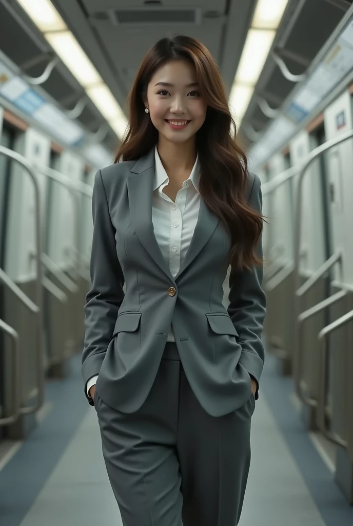 25 year old beautiful busty asian woman、Highest image quality、realistic、16K、baby face、cute、long hair、slim、Standing、OL in the subway、gray suit、whole body、smile、panoramic、show me your long legs、Photographed quite far away、whole body、Back view、Full body、