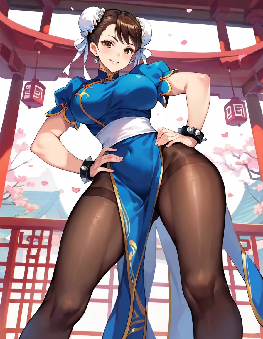 score_9, score_8_up, score_7_up, ((masterpiece,best qualtiy)), 
1girl, solo, CHUNLISF, double bun, bun cover, brown eyes, 
large breast, 
qipao, blue chinese dress, Front hanging, white sash, spiked bracelet, 
slit skirts, 
panty lines, 
brown tights, pantyhose, camel toe, 
cowboy shot, hands on hip, smile, 
china town, 
best quality, Full HD, 8k, ultra details, great graphic, detailed eyes, beautiful eyes, beautiful face, beautiful clothes, beautiful body, 