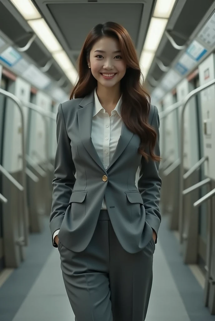 25 year old beautiful busty asian woman、Highest image quality、realistic、16K、baby face、cute、long hair、slim、Standing、OL in the subway、gray suit、whole body、smile、panoramic、show me your long legs、Photographed quite far away、whole body、Back view、Full body、
