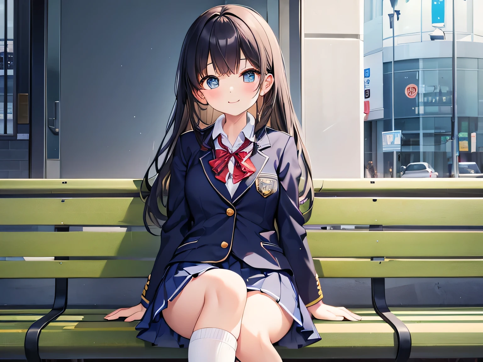 A high school girl sitting so that her panties are visible、Wearing a blazer、Please show us your face and put on a happy, smiling expression.