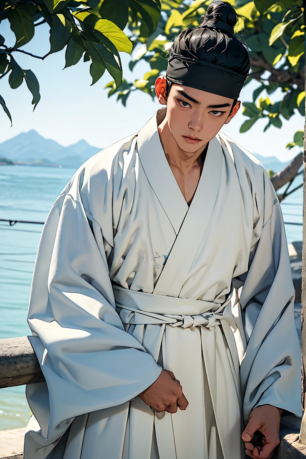 (absurdres, highres, masterpiece, best quality, ultra-realistic,ultra-detailed),(beautiful detailed face and eyes and hair:1.1),handsome,mature,asian man,tall and muscular,broad shoulders,black hair,black eyes,datailed face,topknot,see-through headband,white hanbok,sad,upper body, sea background