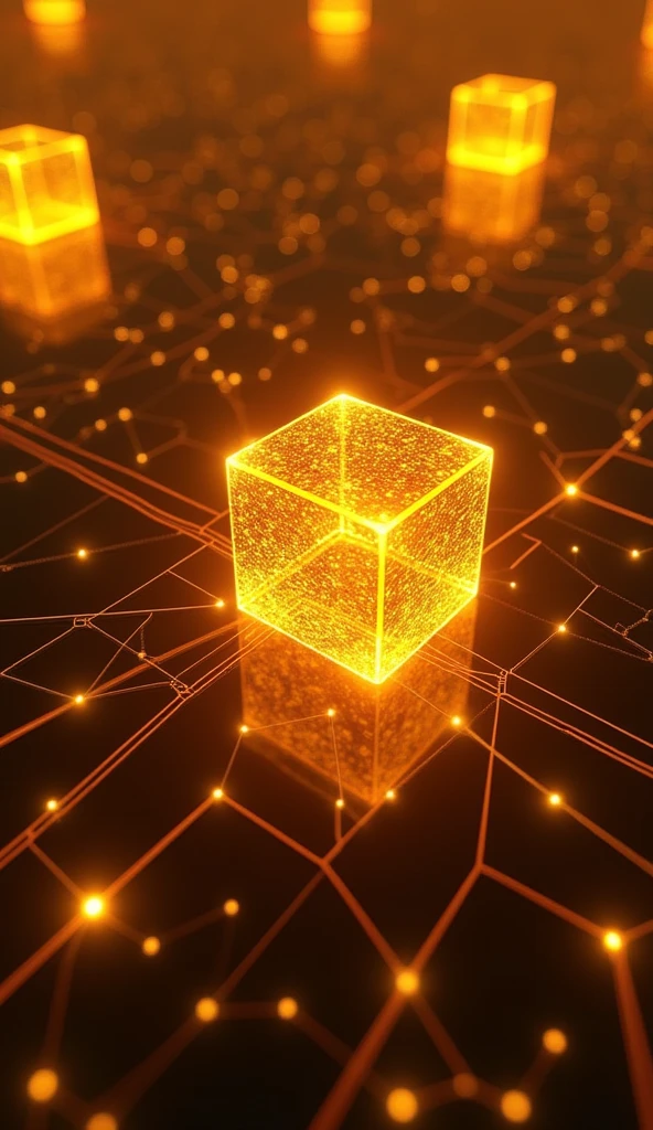 A captivating representation of the concepts of blockchain technology , a golden glowing network, a graphical representation of the working of blockchain technology , golden cubes, circuit  light emitting from cubes, in a dark orange cobalt  and golden neon background. This image is a digital artwork created using generative AI and creative AI. no text.