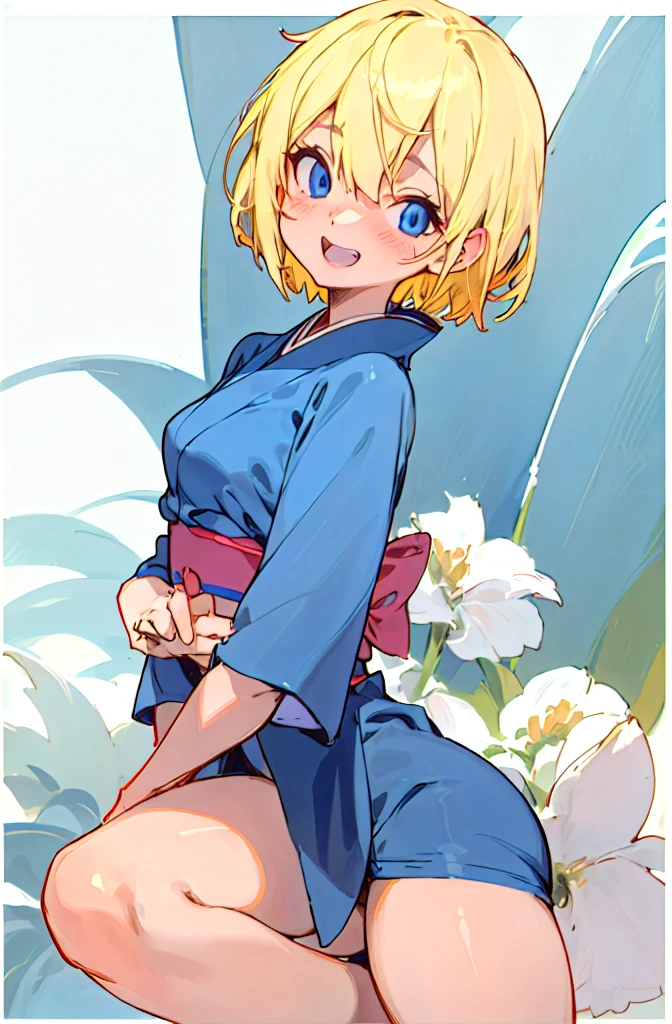   1 girl,  blonde short cut  ,   blue eyes, dark blue metallic micro bikini and japanese kimono,Stylish adult woman with very small breasts , T-back ,  Blushing , Hi-Res,Very small breasts, show your teeth and laugh , Laughing/ good laugh,Character portrait,Very small breasts,Rear view, open your legs wide,There is quite a lot of exposure