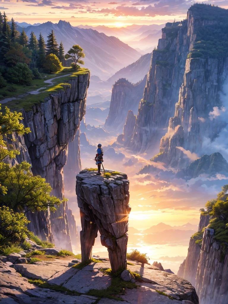  cool,  longsword , stuck in a rock at the top of the mountain, The background is a very beautiful sunrise 