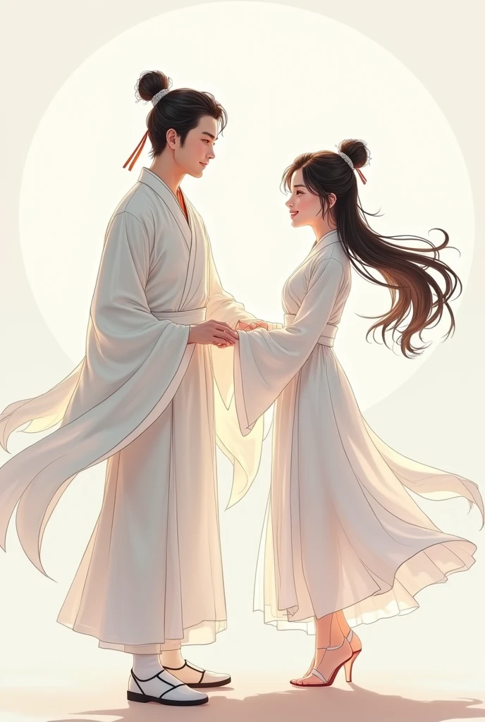 (A pair, Beautiful girl and boy),  big watery eyes, Staring at each other, Smiling and dressed in white ,  SLIM HAIR ,  an ancient Chinese beauty and a handsome man], Anime girl dressed in ancient Hanfu , Flowing tulle, Light Silk,( clean background), Ink painting style, Clean colors, Decisive felling, Blank, Hand-drawn, masterpiece,   super detailed ,  epic essay ,  high quality ,  最 high quality , 4K