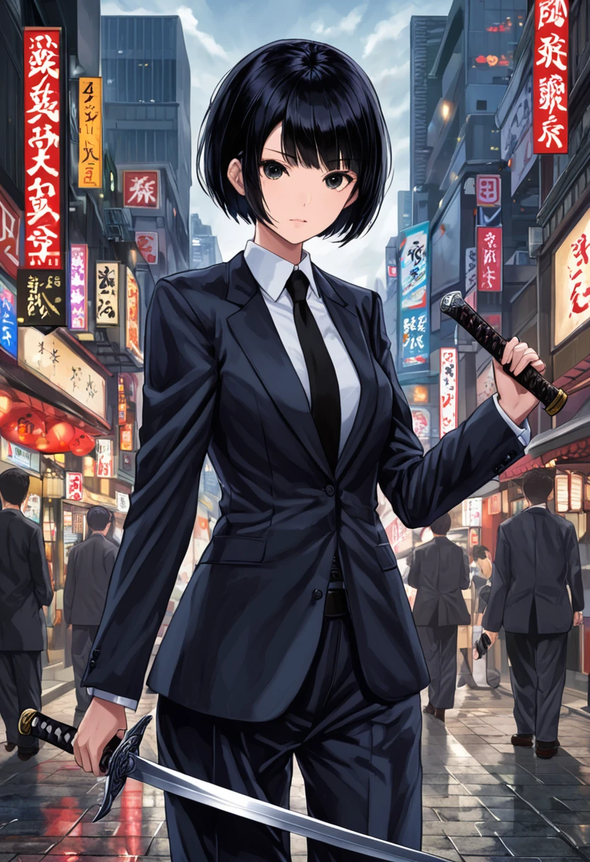 short black hair, using suit , carry a sword,  Tokyo background