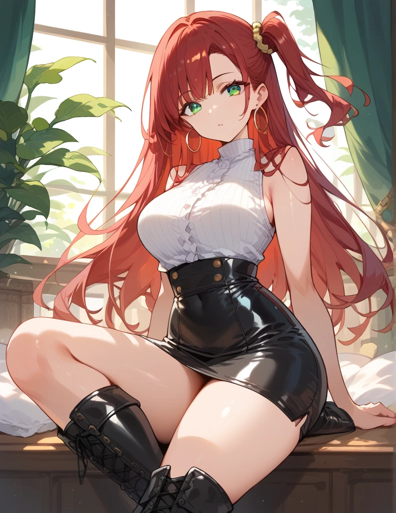 score_9, score_8_up, score_7_up, source_Cartoon, Morning Fragrance  ,   red hair, (green eyes, one side up),,hair accessories,   Glossy Skin , long hair,  Hoop Earrings... White Sleeveless Leatherette... Black High Waist Skinny Skirt.Leather Black Horse Boots ..Sunshine Dinner