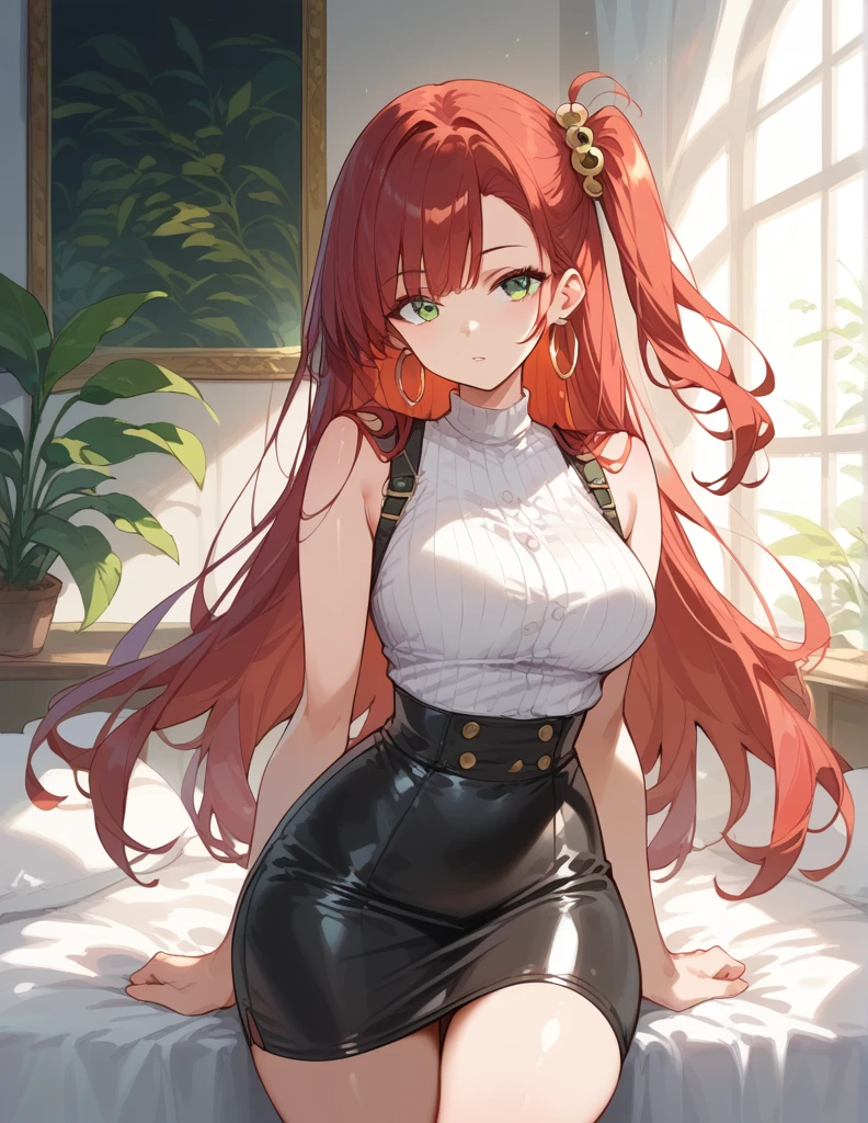 score_9, score_8_up, score_7_up, source_Cartoon, Morning Fragrance  ,   red hair, (green eyes, one side up),,hair accessories,   Glossy Skin , long hair,  Hoop Earrings... White Sleeveless Leatherette... Black High Waist Skinny Skirt.Leather Black Horse Boots ..Sunshine Dinner